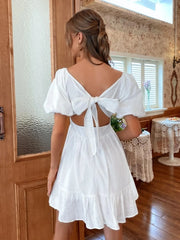 Square Neck Puff Sleeve Mini Dress OutfitFlow