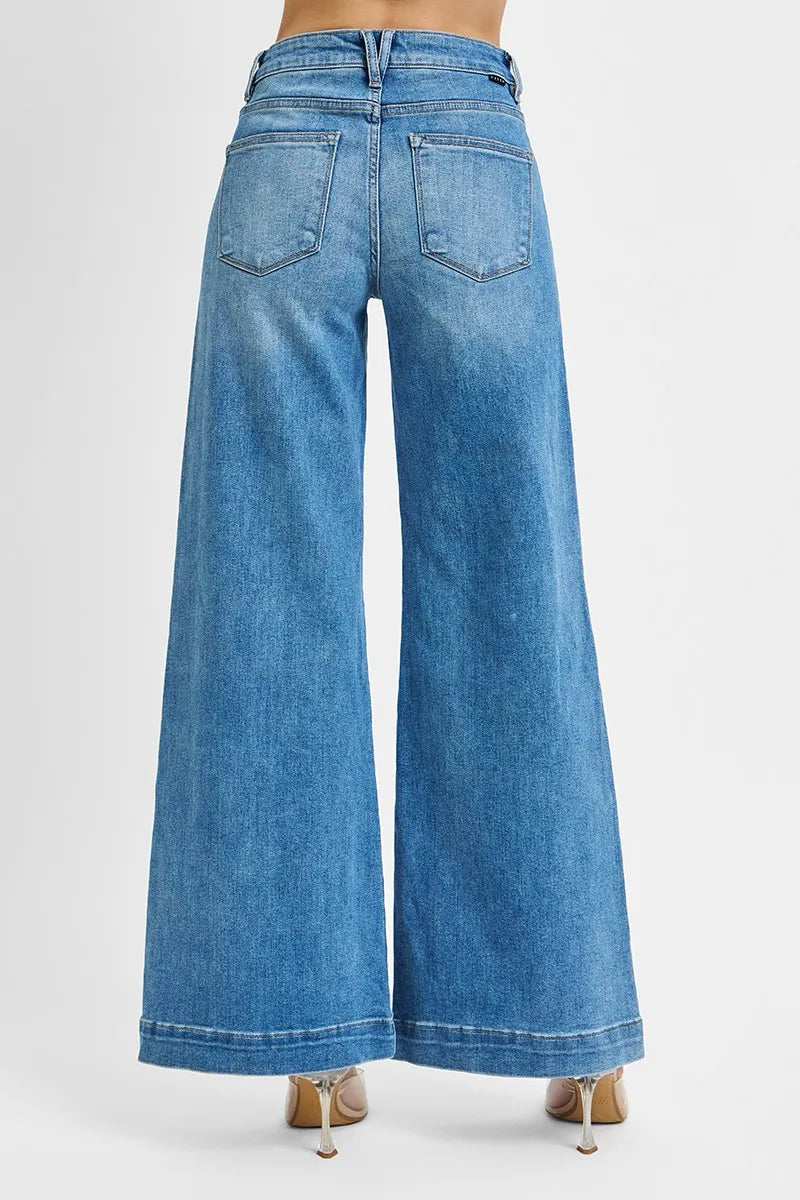 RISEN Full Size Mid Rise Wide Front Patch Pocket Jeans Plus Size OutfitFlow