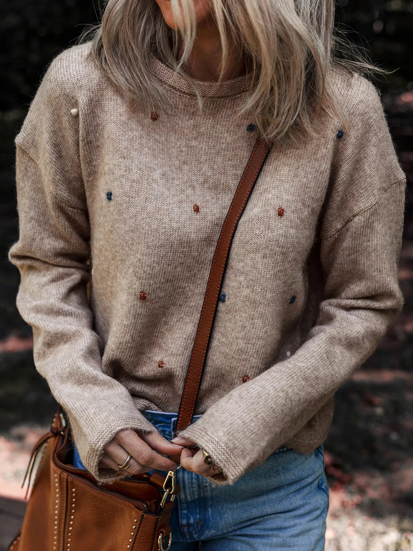 Contrast Colored Dot Detail Drop Shoulder Sweater OutfitFlow