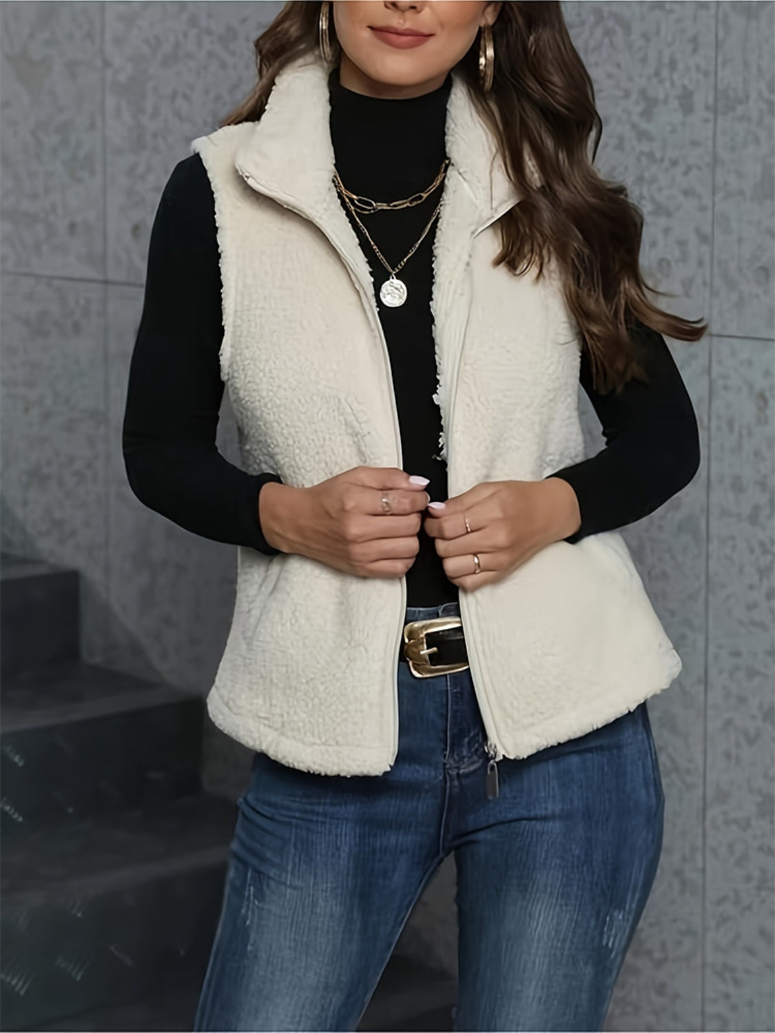 Outfit Flow - Zip Up Turtleneck Sherpa Vest Coat with Pockets