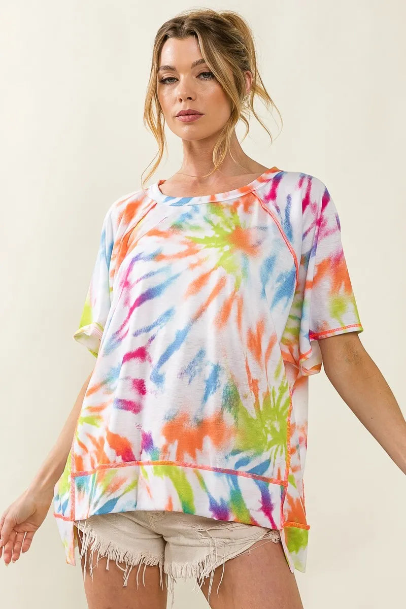 BiBi Tie Dye Print Jersey Stitched Uneven Hem Top OutfitFlow