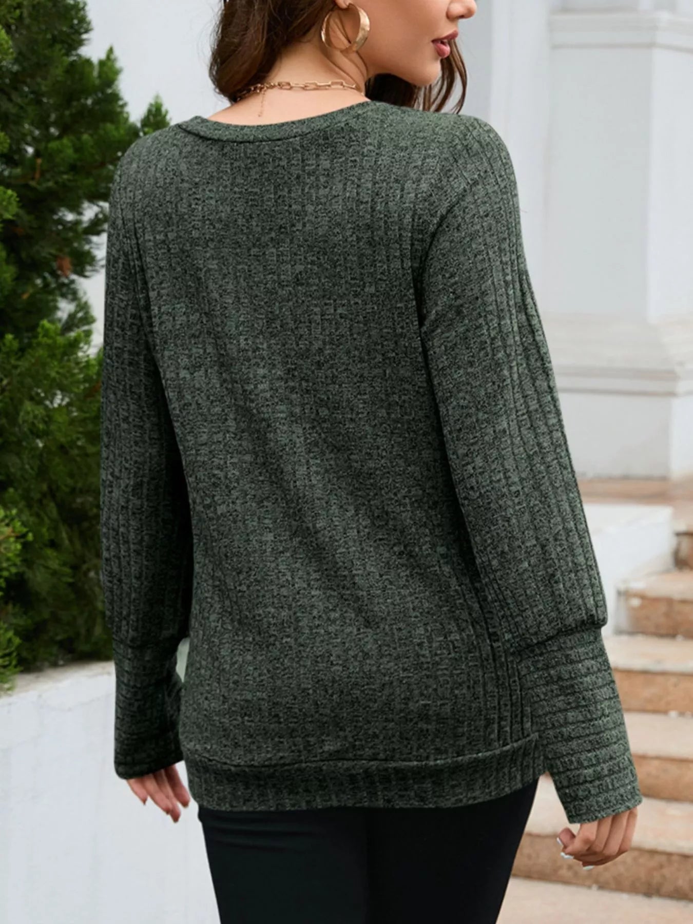 V-Neck Textured Knit Long Sleeve T-Shirt OutfitFlow