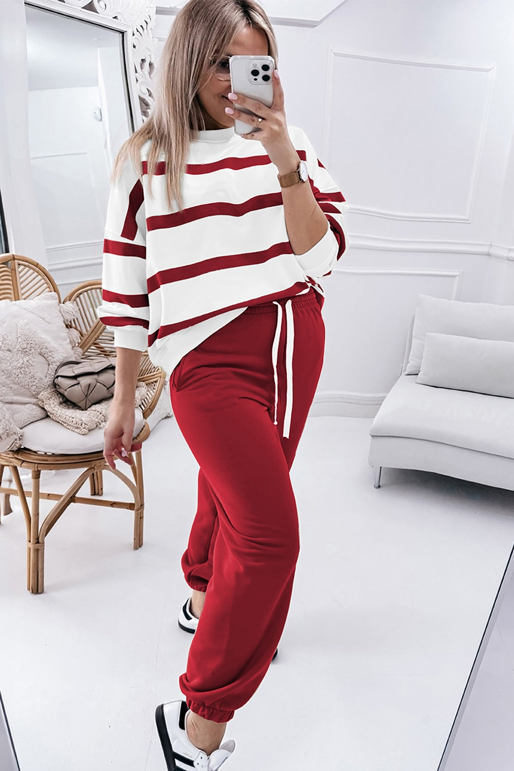 Outfit Flow - Striped Round Neck Long Sleeve Top and Pants Set