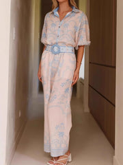 Printed Button Up Shirt and Pants Set OutfitFlow