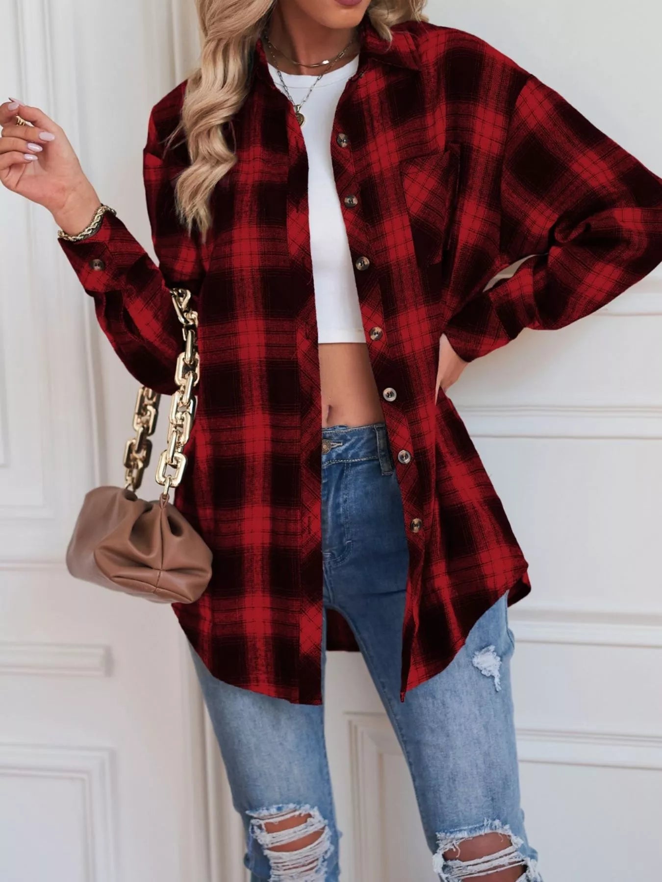 Casual Plaid Button Up Shirt Deep Red Trendsi