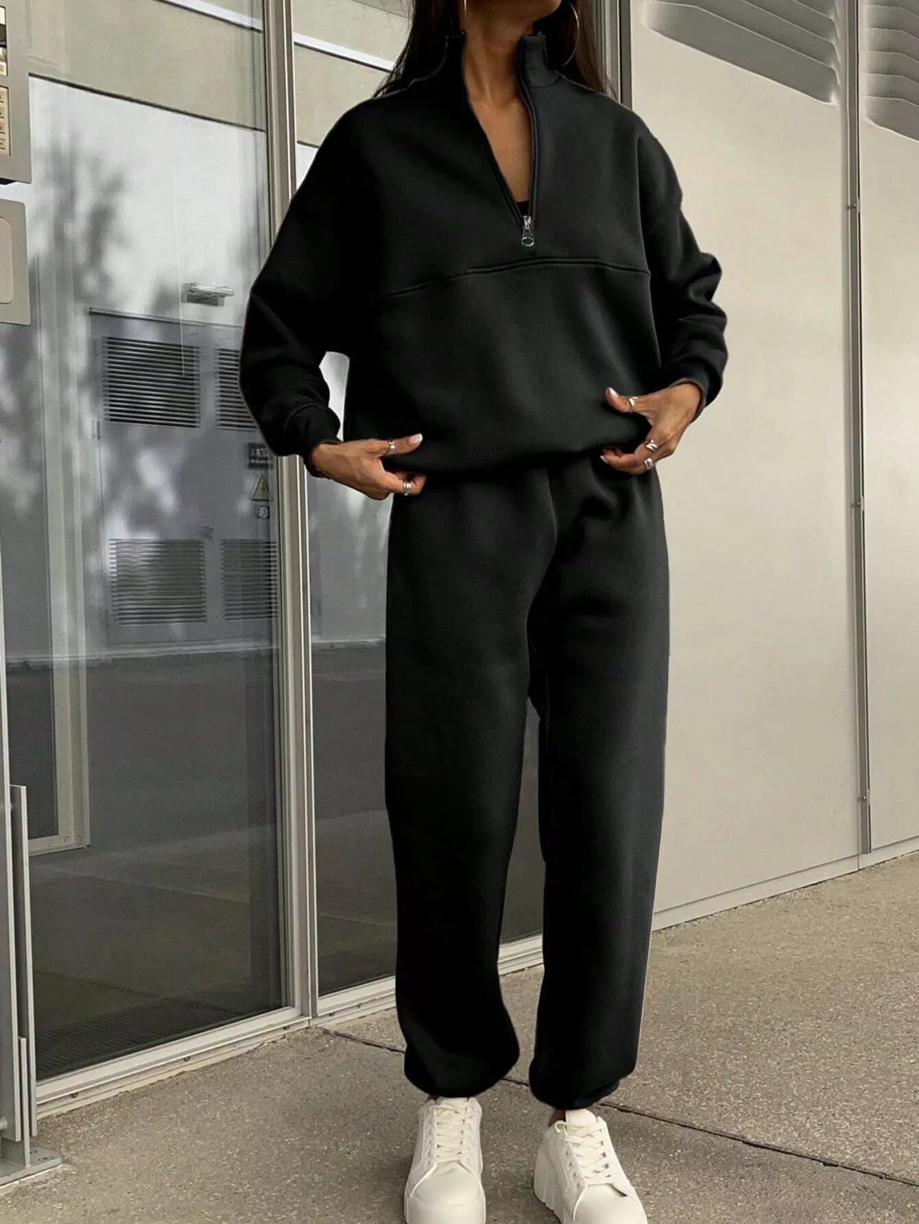 Half Zip Sweatshirt and Pants Set Black OutfitFlow