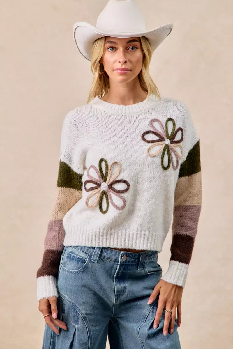 BiBi Flower Color Block Sweater OutfitFlow