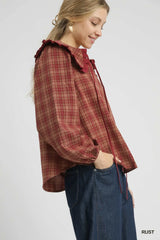 Umgee Full Size Plaid Ruffle Collar Blouse Plus Size Trendsi