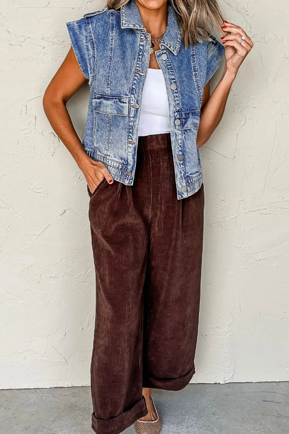 Button Up Cap Sleeve Denim Jacket OutfitFlow