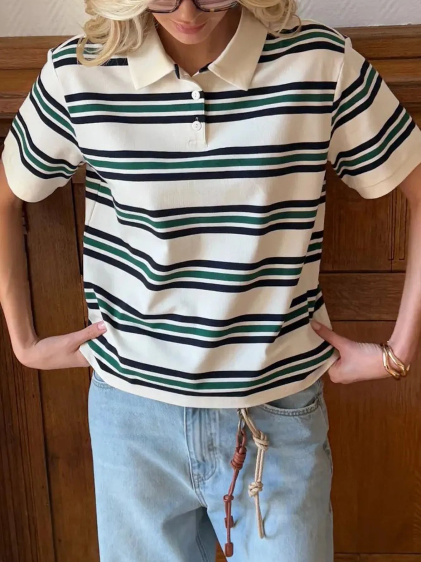 Striped Polo T-Shirt with Contrast Collar OutfitFlow