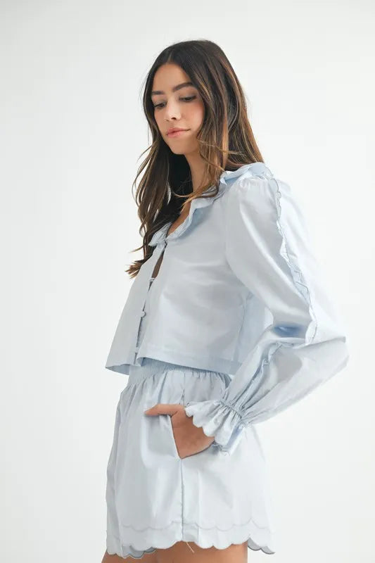 MABLE Long Sleeve Scallop Blouse and Shorts Set OutfitFlow