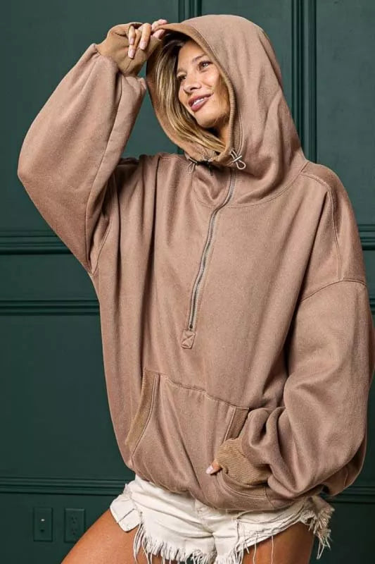 BiBi Stitch Detailed Elastic Hem Half Zip Fleece Hoodie OutfitFlow