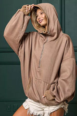BiBi Stitch Detailed Elastic Hem Half Zip Fleece Hoodie OutfitFlow