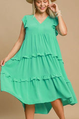 Umgee Full Size Ruffle Tiered Cap Sleeve Midi Dress Plus Size OutfitFlow