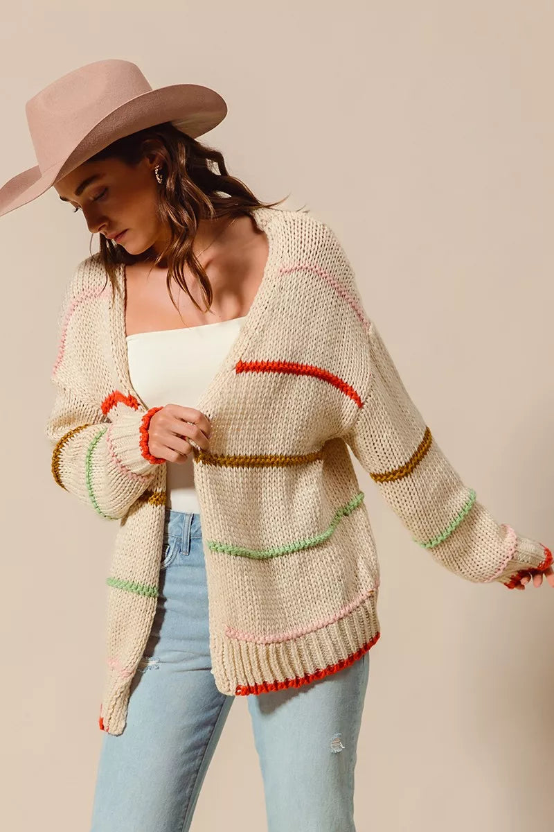 SO ME Loose Fit Multi Stripe Open Front Cardigan Trendsi