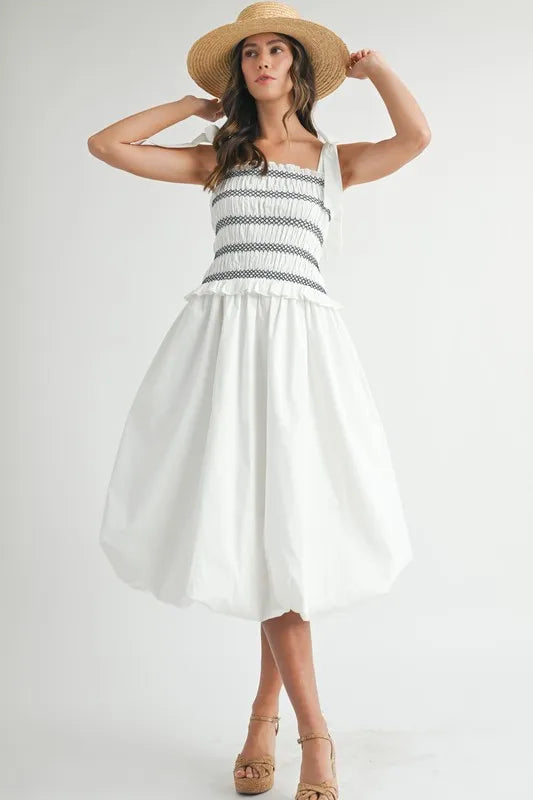 MABLE Smocked Bodice Bubble Midi Dress OutfitFlow