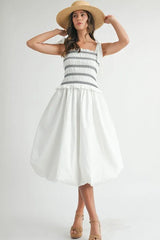 MABLE Smocked Bodice Bubble Midi Dress OutfitFlow