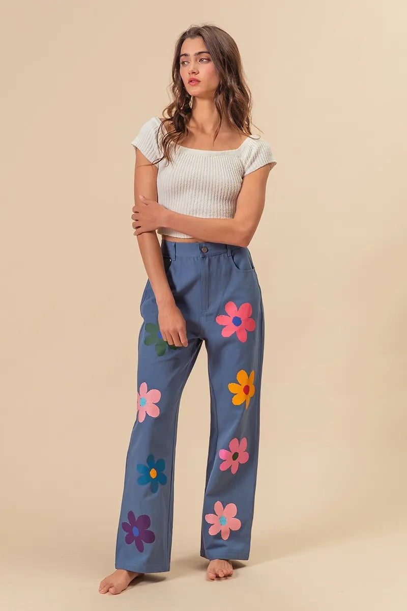BiBi Flower Print Straight Legs Pants OutfitFlow