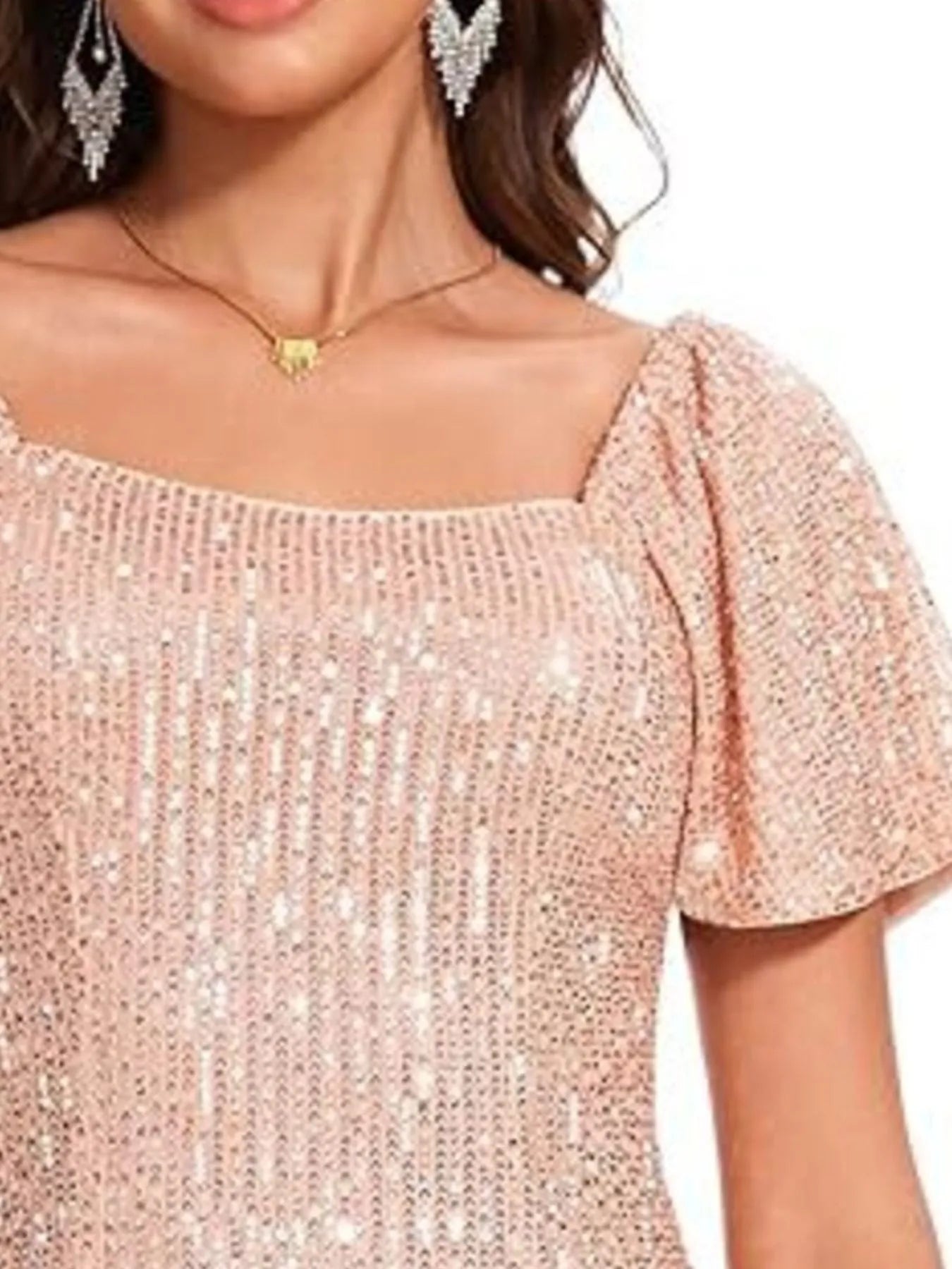 Square Neck Sequin Short Sleeve Blouse OutfitFlow
