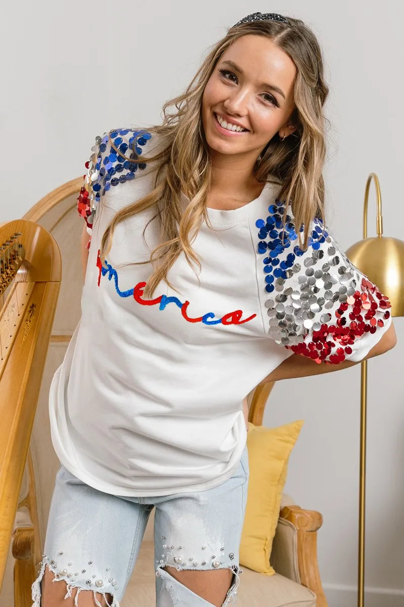 BiBi America Letter Applique Spangle Puff Sleeves Top OutfitFlow