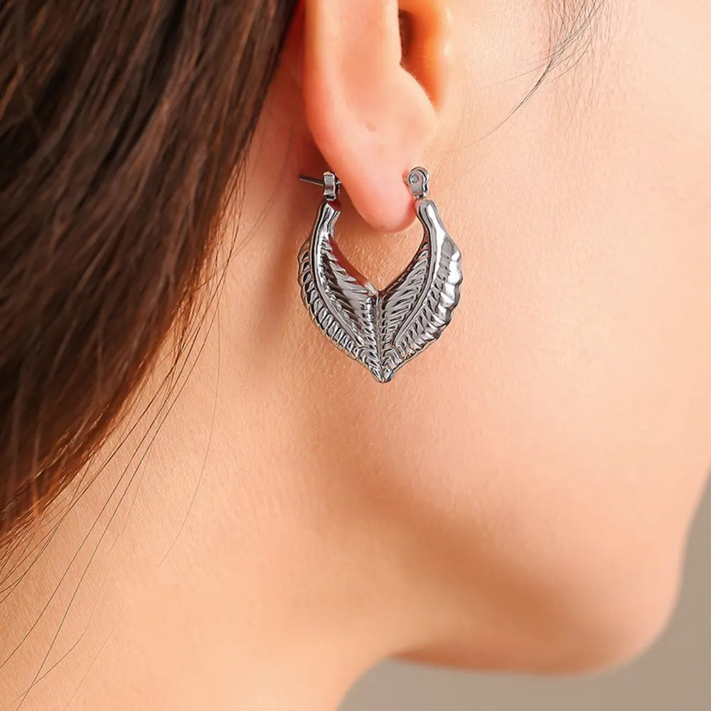 Titanium Steel Leaf Shape Earrings Silver One Size OutfitFlow