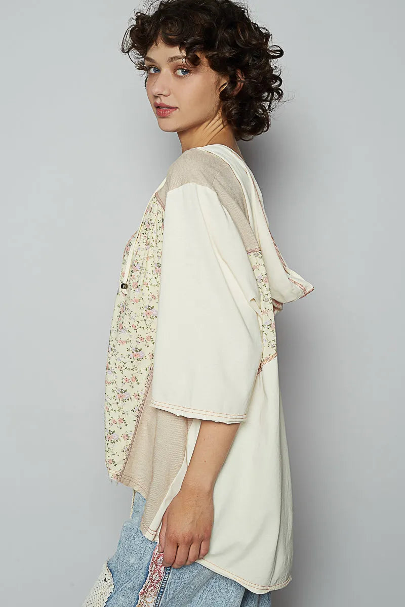 POL Lace-Up Hooded T-Shirt with Paisley Panel Detail OutfitFlow