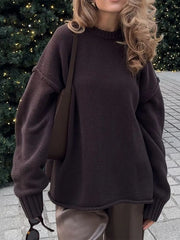 Round Neck Dropped Shoulder Sweater OutfitFlow