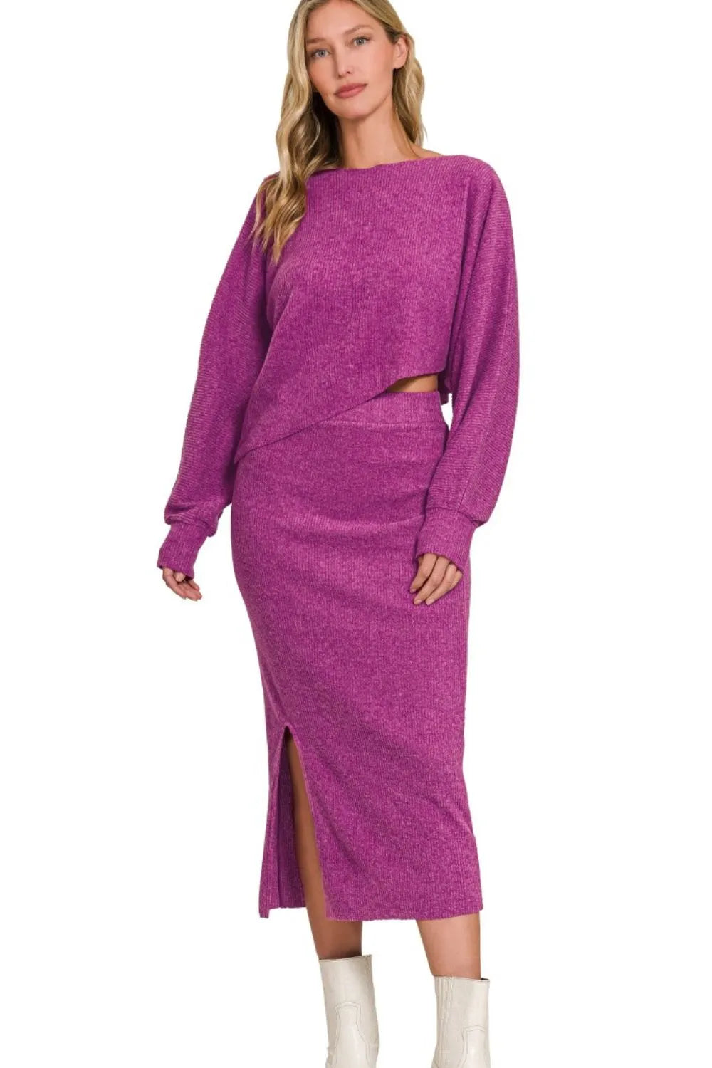 Zenana Ribbed Asymmetric Hem and Sleeve Top & Skirt Set OutfitFlow