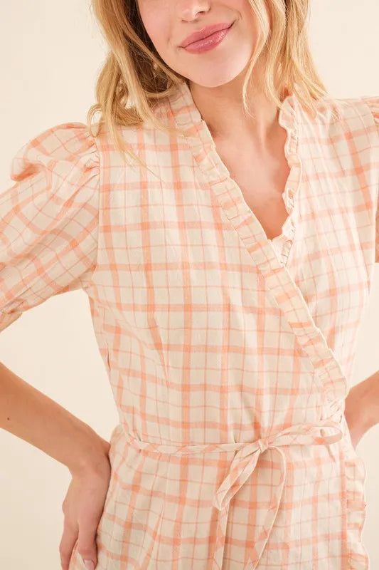 And The Why Plaid Patterned and Ruffled Wrap Blouse Top OutfitFlow