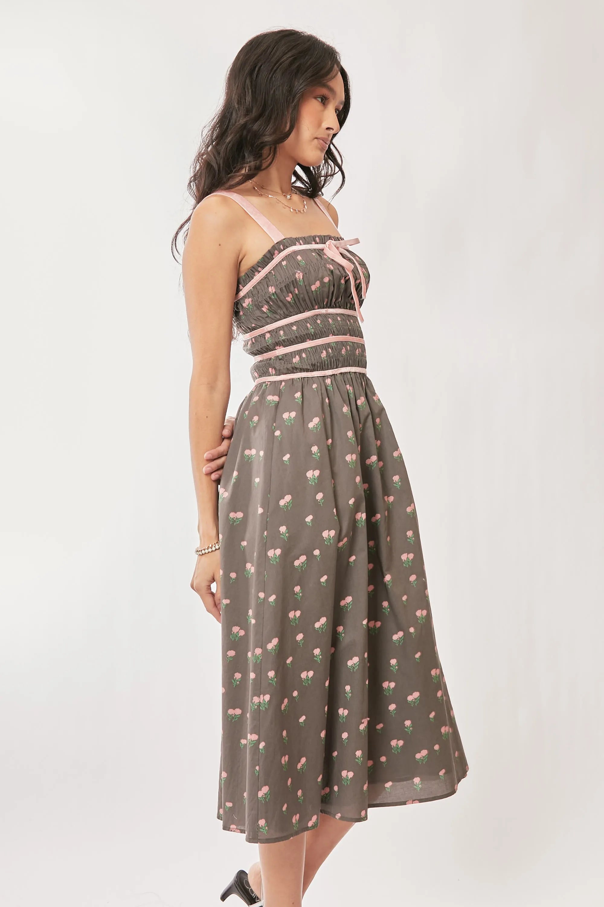 Davi & Dani Contrast Velvet Tape Smocking Bodice Midi Dress OutfitFlow