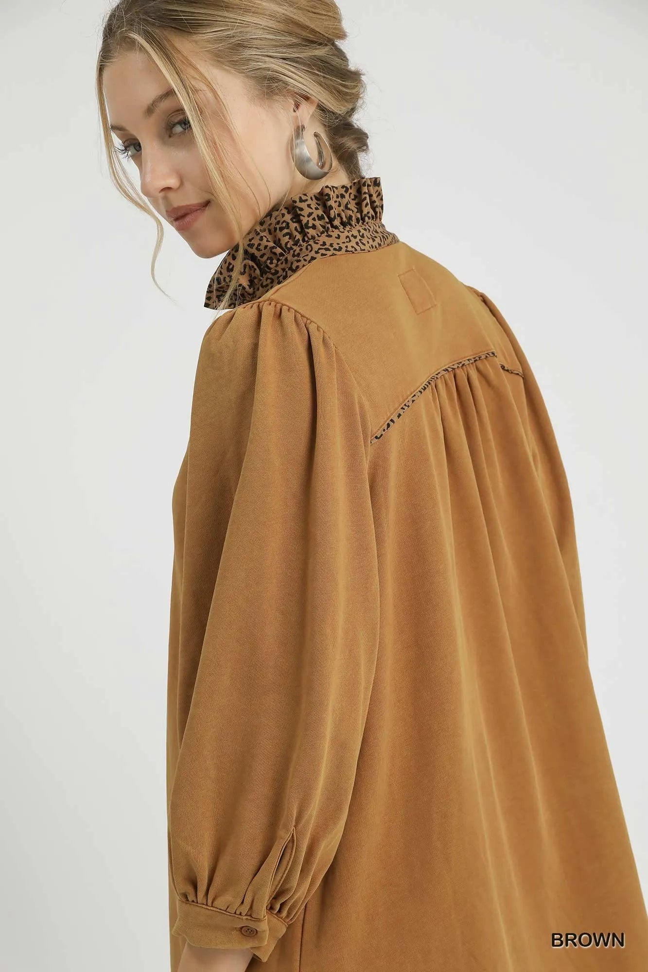 Umgee French Terry Balloon Sleeve Shift Dress with Leopard Print Detail Trendsi