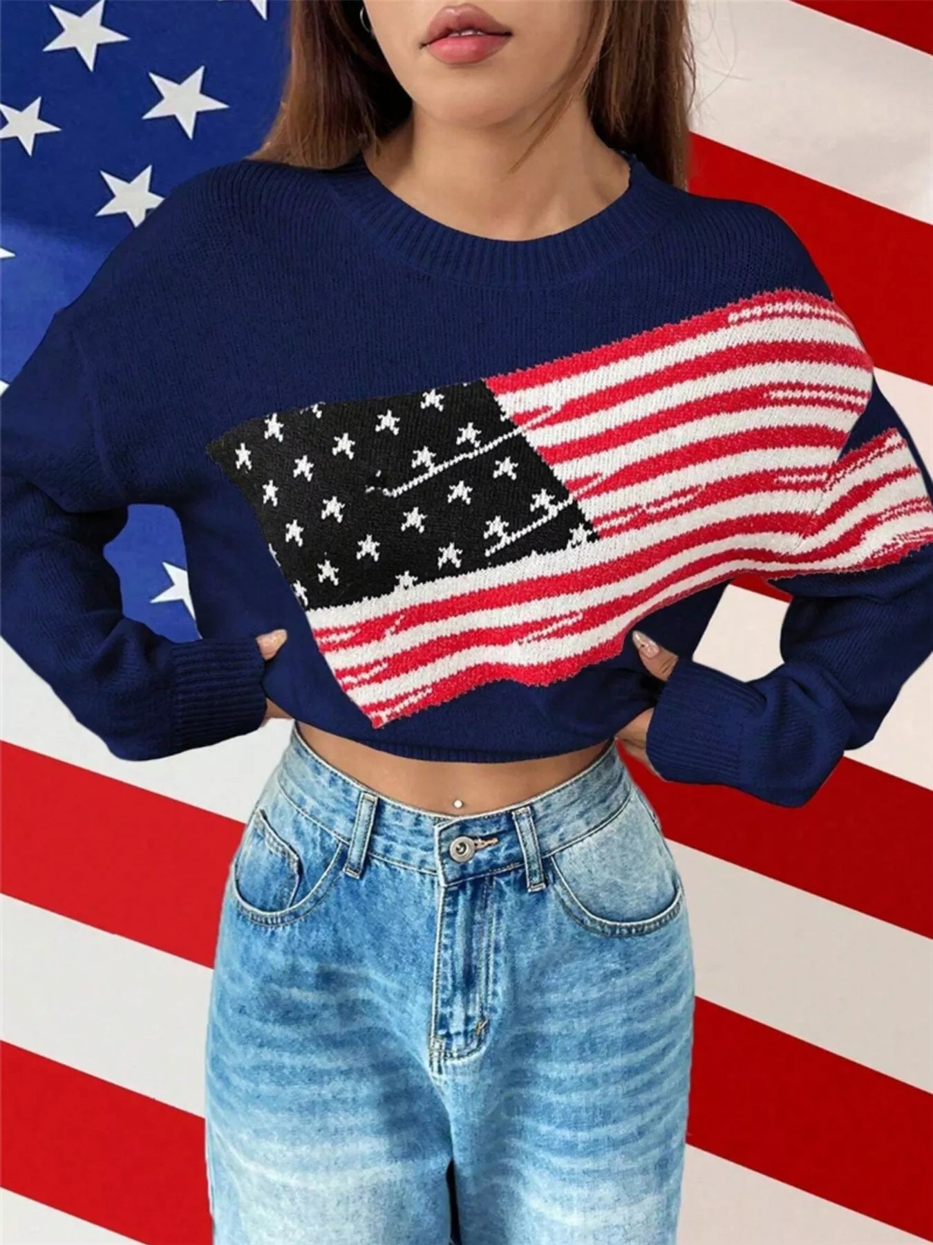 US Flag Round Neck Long Sleeve Sweater OutfitFlow