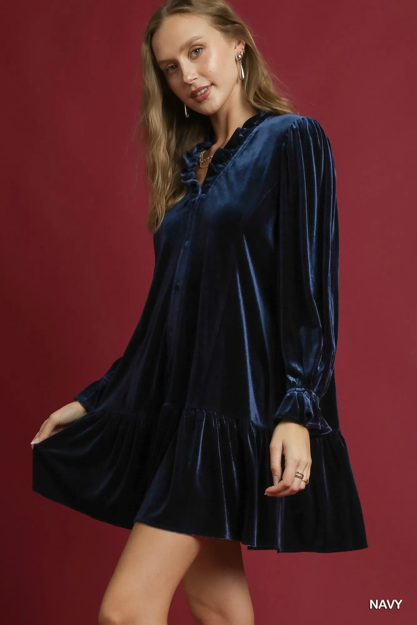 Umgee Velvet Ruffle Trim Mini Dress Trendsi