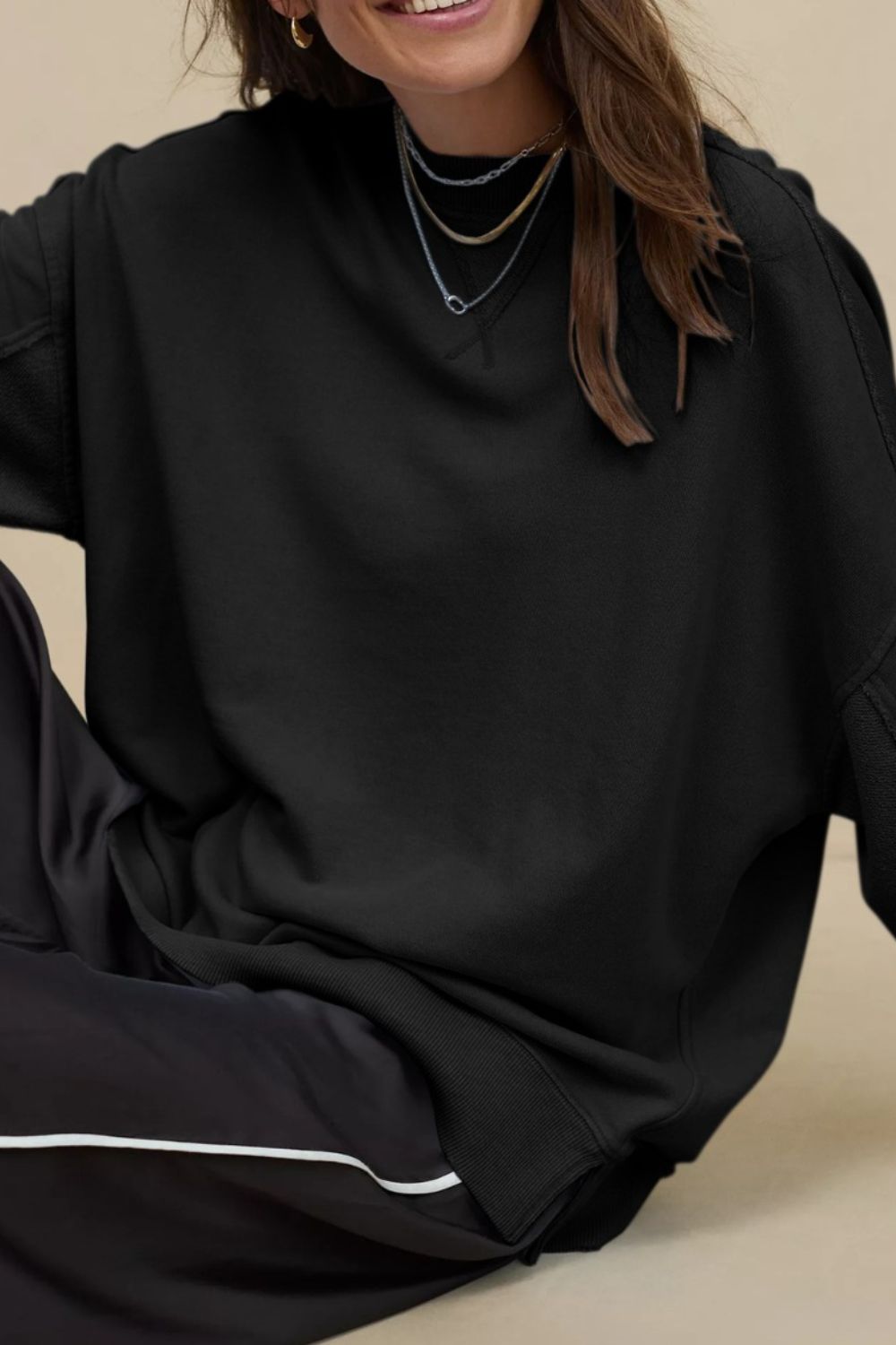 Outfit Flow - Side Slit Round Neck Long Sleeve Sweatshirt