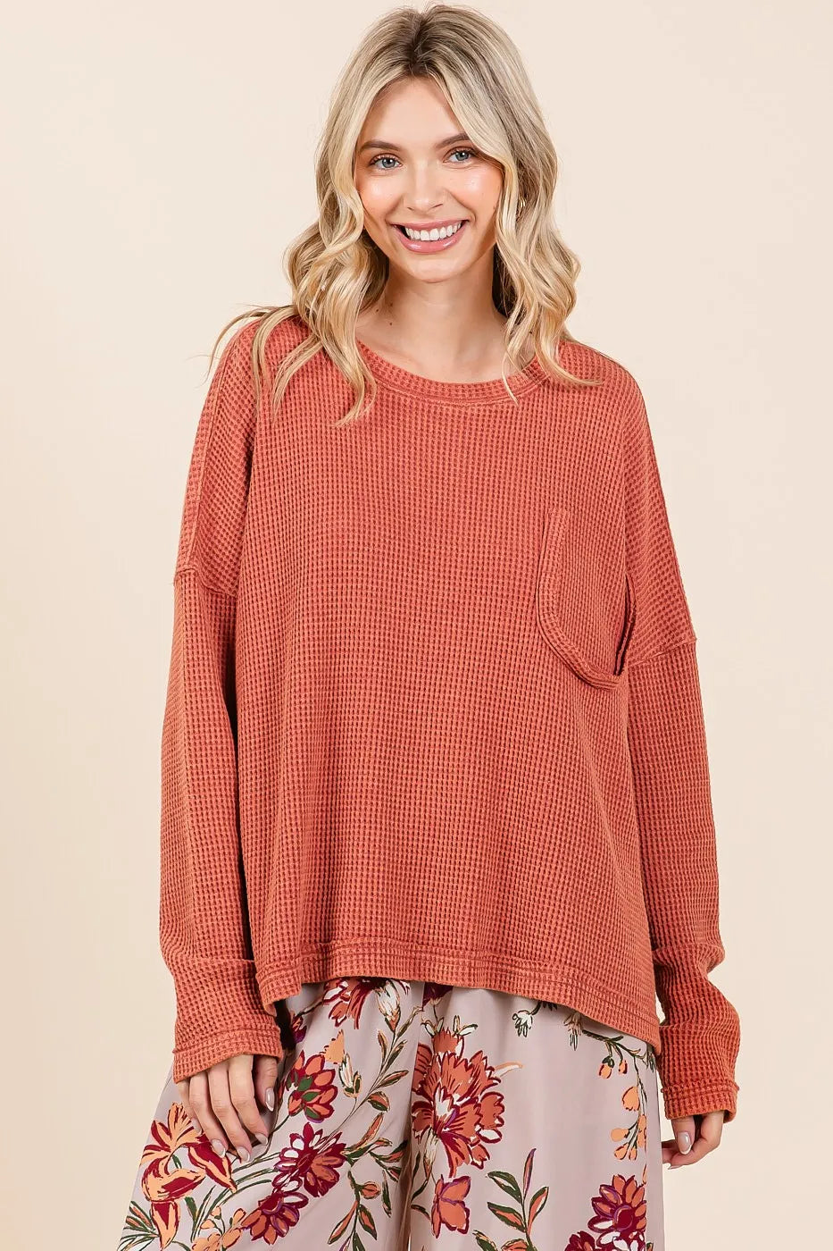 Mittoshop Mineral Wash Cutout Pocket Long Sleeve Waffle Top OutfitFlow