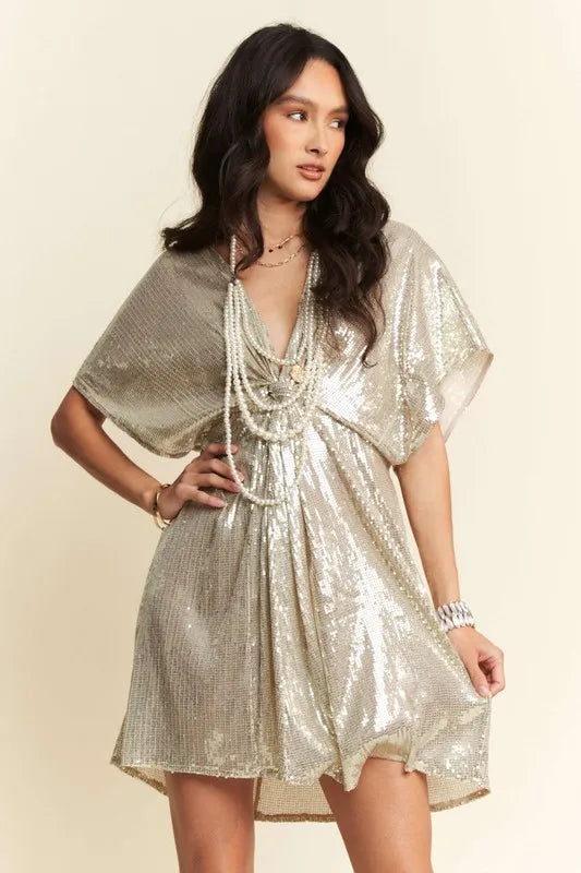 Davi & Dani Sequin Plunge Neck Knot Cut Out Tie Back Party Dress OutfitFlow