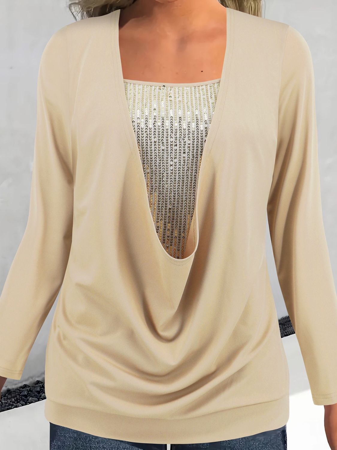 Outfit Flow - Faux Layered Sequin Long Sleeve Blouse