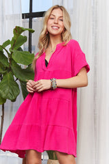 ADORA Tiered Notched Short Sleeve Dress Hot Pink OutfitFlow