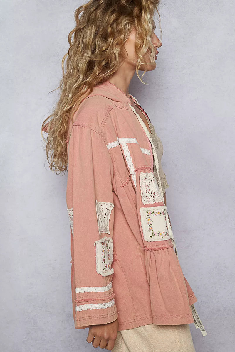 POL Embroidered Patch Hooded Jacket with Lace Detail OutfitFlow