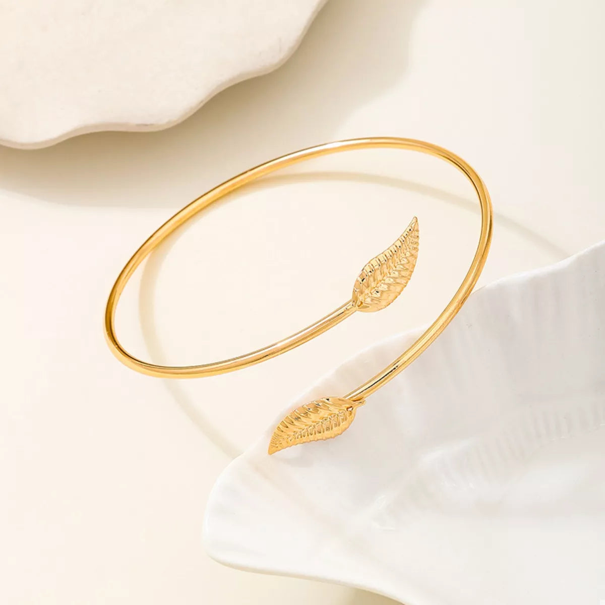 18K Gold-Plated Leaf Open Cuff Bracelet OutfitFlow