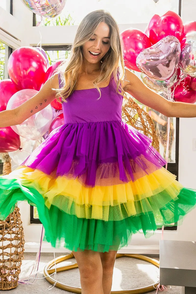 BiBi Mardi Gras Color Block Layered Mesh Tiered Dress OutfitFlow