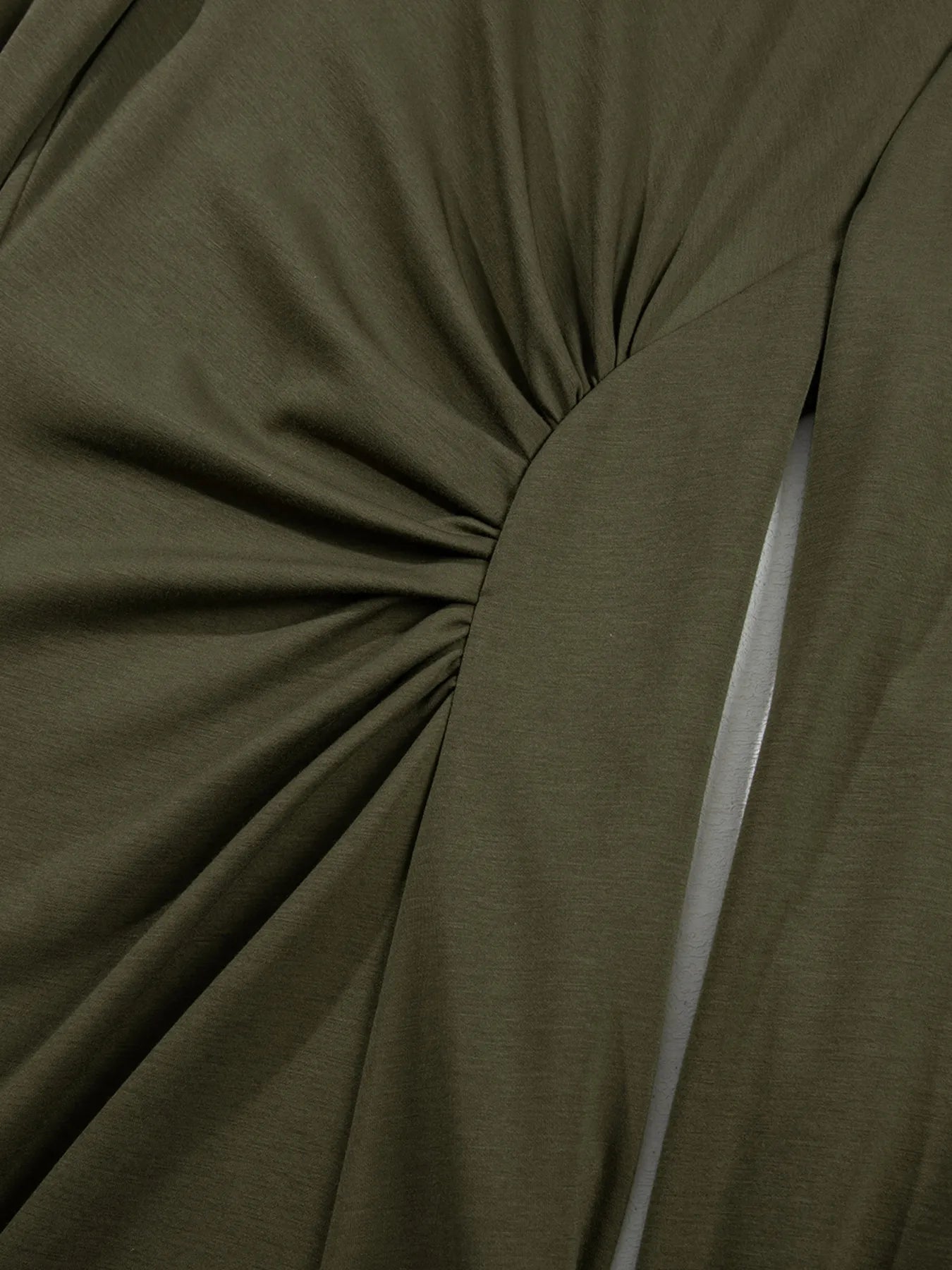 Solid Color Ruched Detail Long Sleeve Midi Dress OutfitFlow