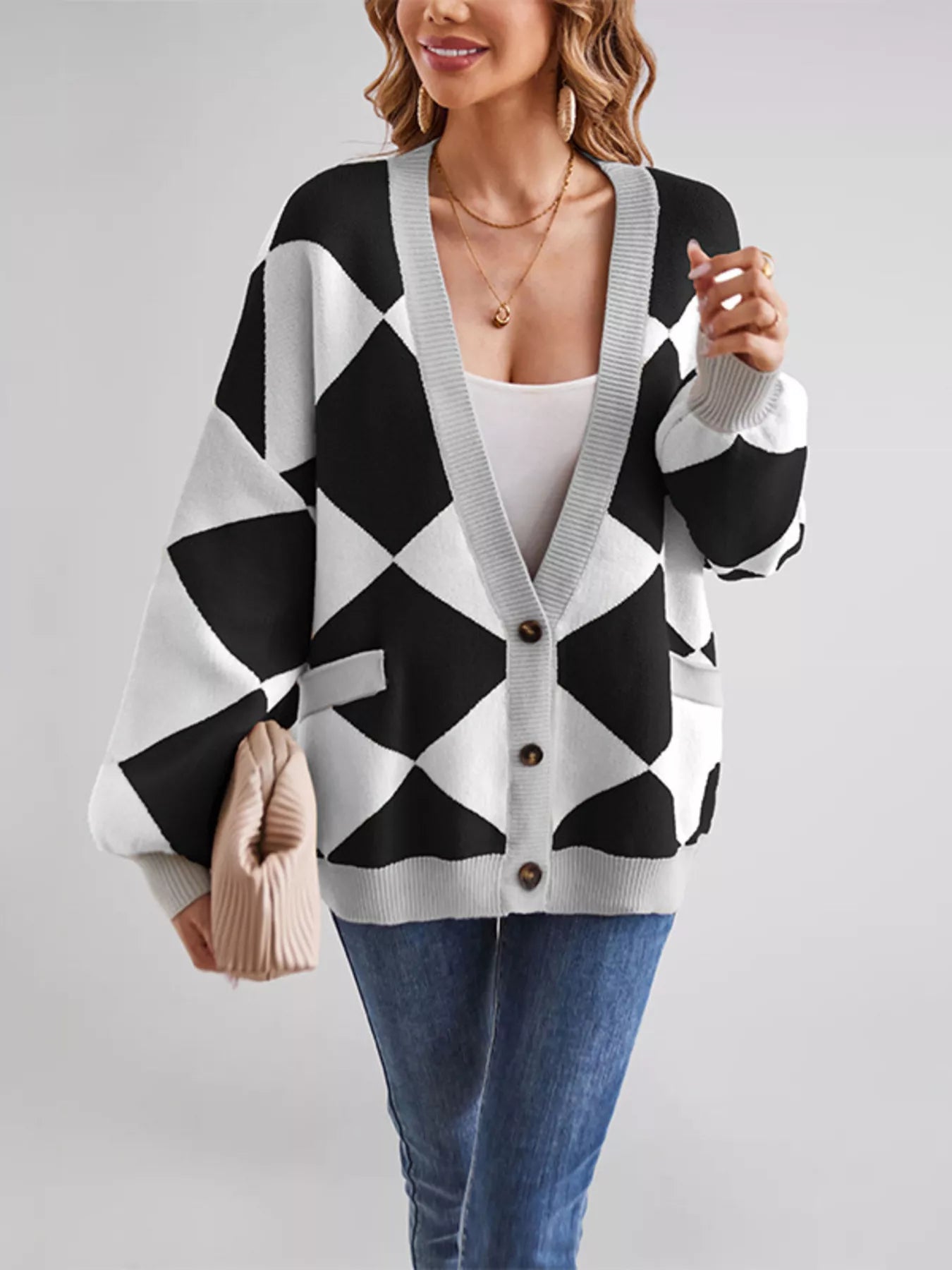 Diamond Pattern Button-Up Knit Cardigan OutfitFlow