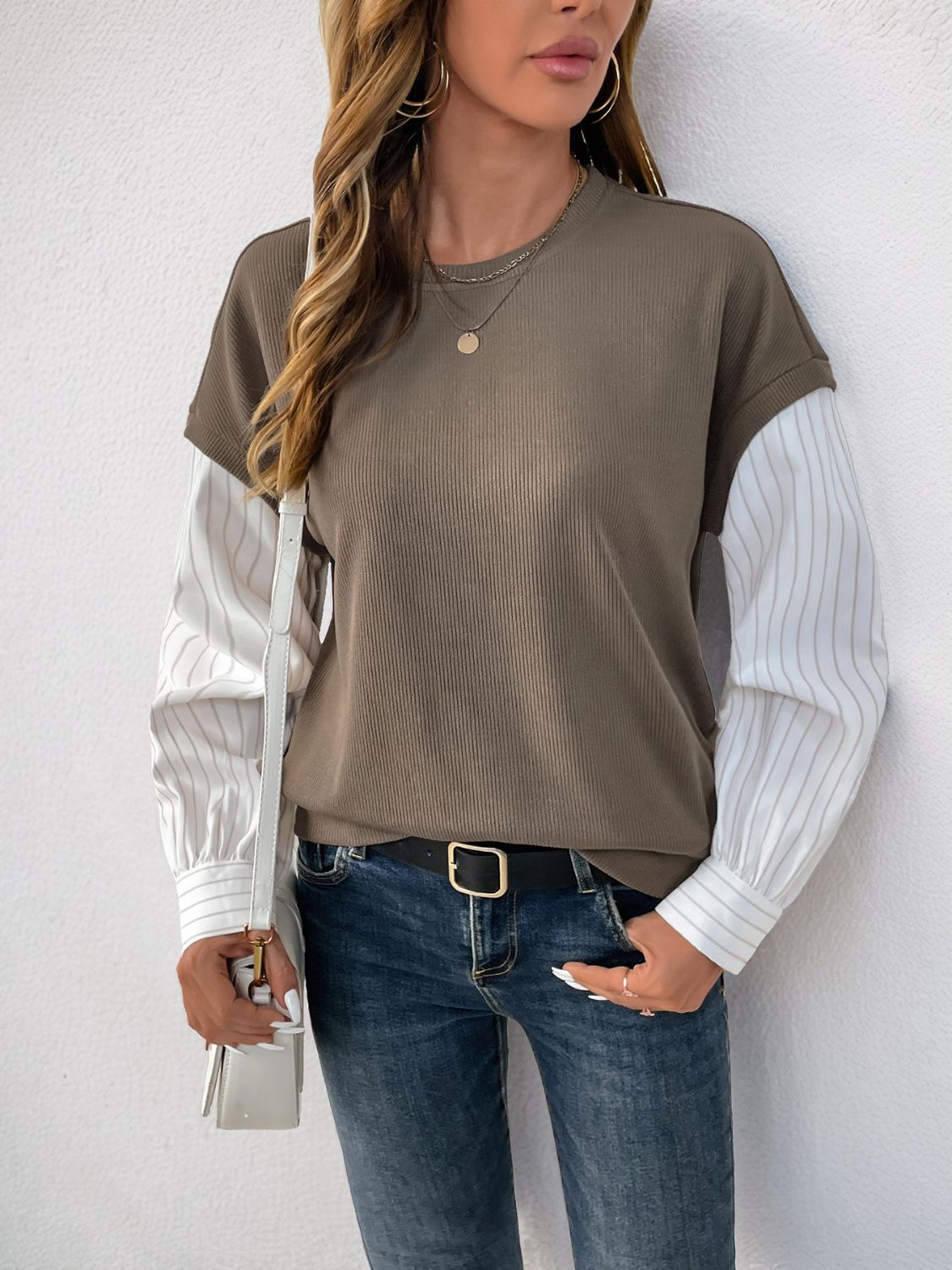 Outfit Flow - Perfee Round Neck Striped Sleeve Sweatshirt