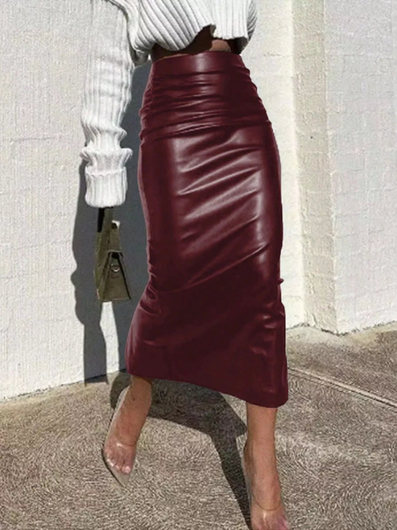Slit Back Leather Skirt Burgundy OutfitFlow