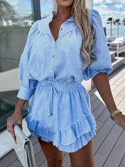Striped Shirt and Skirt Set with Ruffle Details OutfitFlow