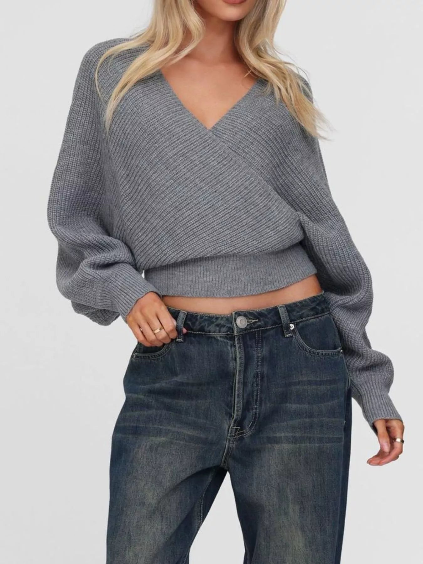 Surplice Cropped Sweater with Back Tie OutfitFlow