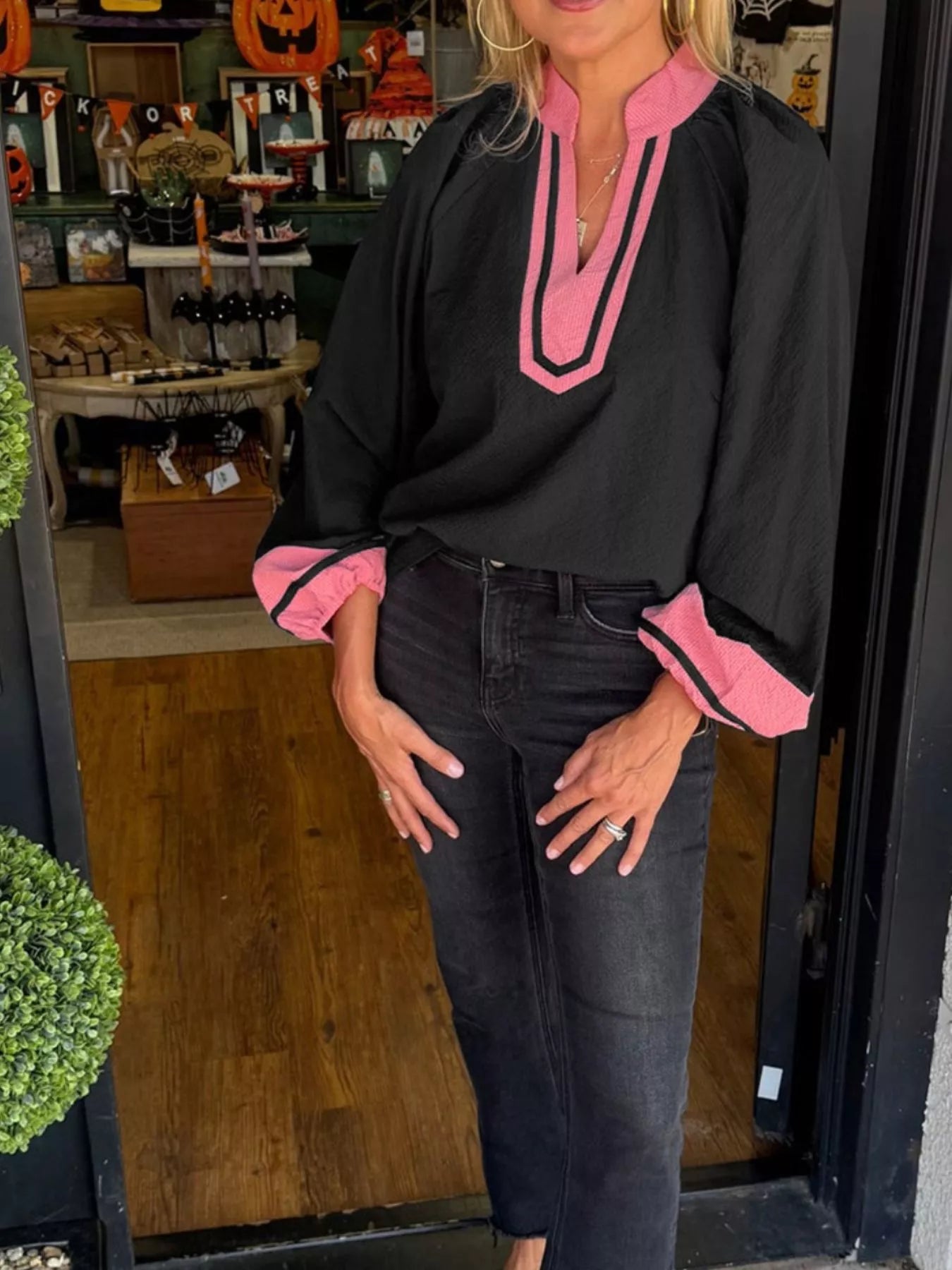 Color Block Patchwork Detail Textured Long Sleeve Blouse OutfitFlow