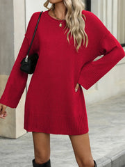 Round Neck Dropped Shoulder Sweater Scarlet OutfitFlow