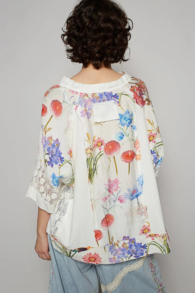 POL Floral V-Neck Raw Edge T-Shirt with Lace Detail OutfitFlow